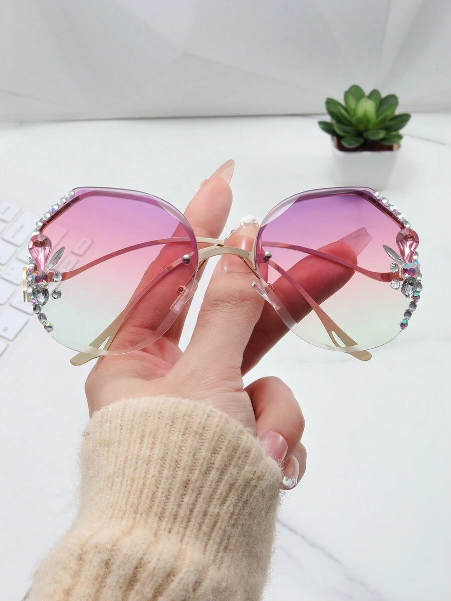 1 件优雅水钻镶嵌无框时尚眼镜，女士装饰眼镜，户外眼镜，适合表演、派对。附赠眼镜盒和眼镜布。 - 彩色 - 查看 1