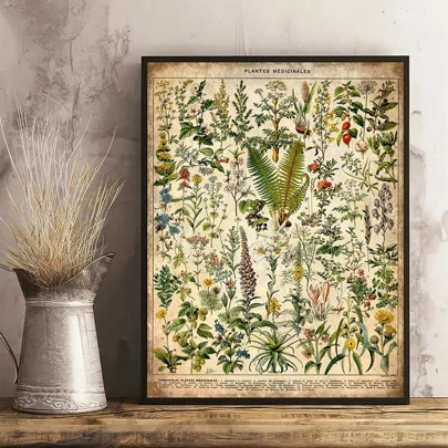 1pc Vintage Art Canvas Poster, Medicinal Herbs And Plants Species Painting On Canvas, Educational Wall Art Poster, Retro Artwork Wall Painting For Preschool Bathroom Bedroom Office Living Room Home Wall Decor, No Frame Gifts Birthday Graduation