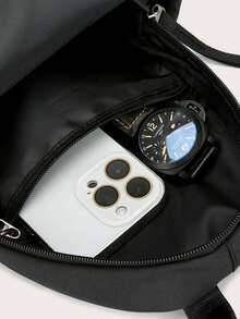 新款男士簡約多用途純色商務背包,時尚束口裝飾大學書包,防水校園電腦袋,寬大容量便攜多功能小型運動袋,適用於戶外露營旅行 - 黑色 - 查看 6