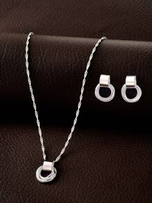 1 Set Par De Pendientes Y Collar Con Diseño De Círculo De Moda, Adecuado Para Uso Diario De Mujeres - Plateado - Ver 3