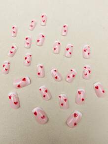 24入組歐美風格正方形假指甲,配有浪漫紅色心形裝飾（情人節禮物） - 彩色 - 查看 3