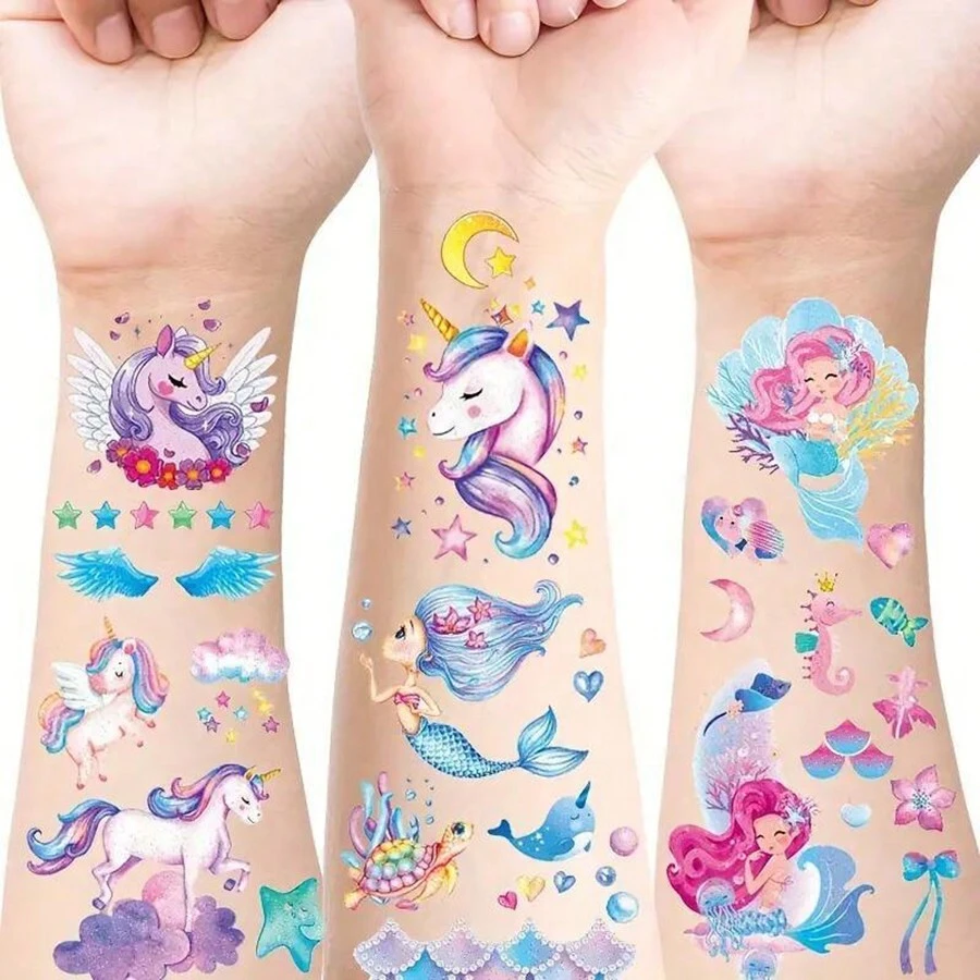 10pcs Flashing Mermaid & Cartoon Unicorn Temporary Tattoo Sticker, Waterproof Design Featuring Rainbow, Butterfly, Mermaid, Ocean, Starfish, Coral, Turtle, Dinosaur & Animal Pattern, Lasting 2-5 Days - Space Series - View 1