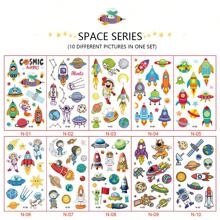 10pcs Flashing Mermaid & Cartoon Unicorn Temporary Tattoo Sticker, Waterproof Design Featuring Rainbow, Butterfly, Mermaid, Ocean, Starfish, Coral, Turtle, Dinosaur & Animal Pattern, Lasting 2-5 Days - Space Series - View 10