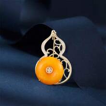 吉祥如意、長壽幸福葫蘆形高端胸針女式古典琥珀花豪華別針適合旗袍或外套、禮物 - 金色 - 查看 5