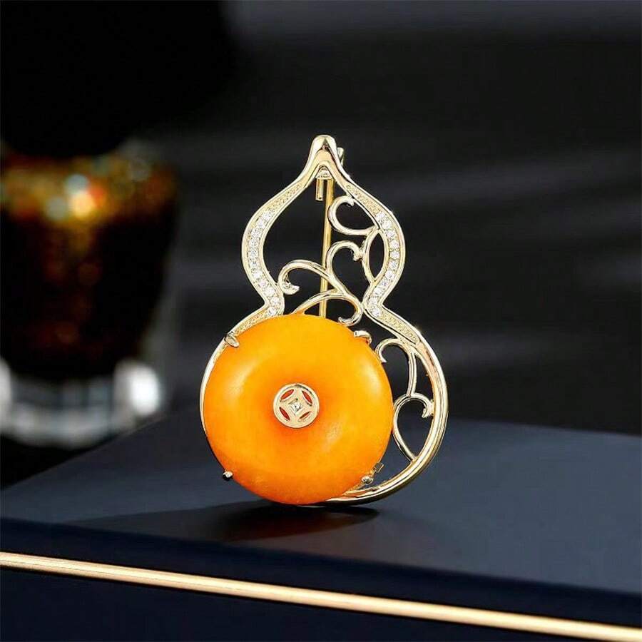 吉祥如意、長壽幸福葫蘆形高端胸針女式古典琥珀花豪華別針適合旗袍或外套、禮物 - 金色 - 查看 1