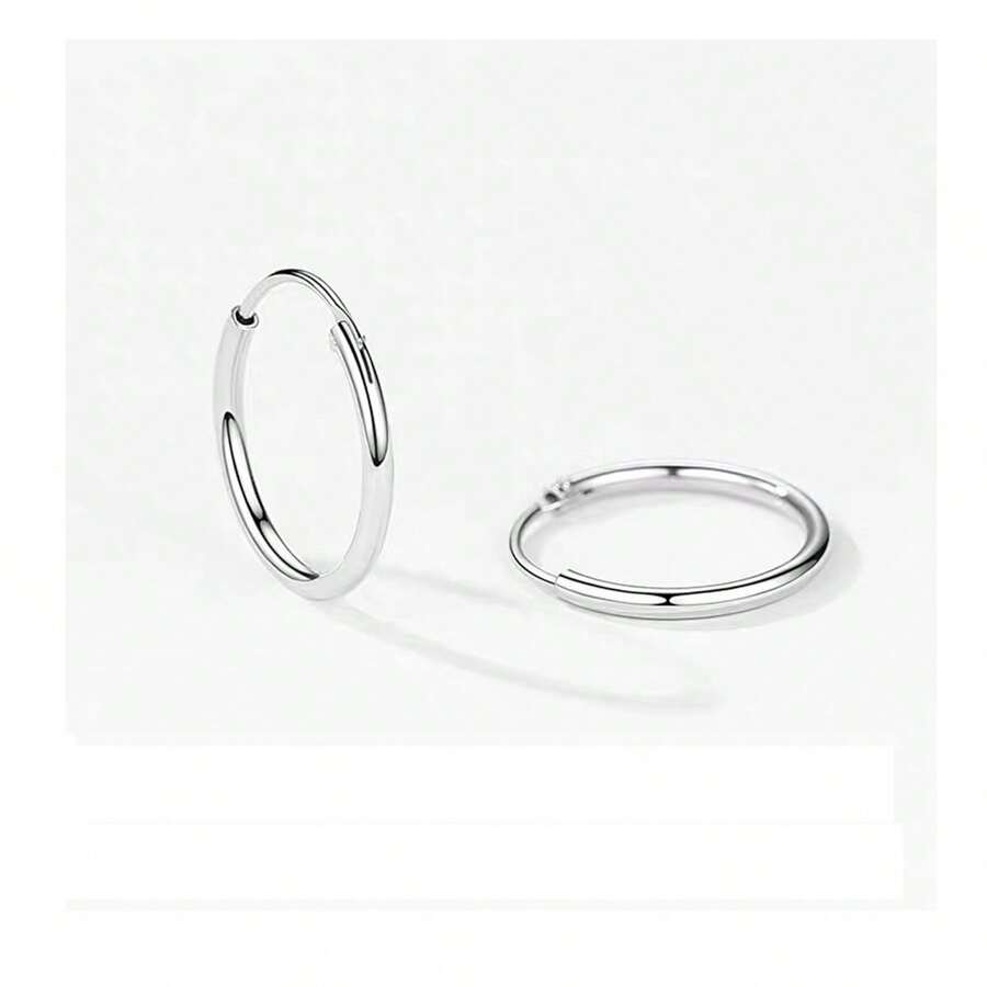 1pair Sterling Silver Simple Circle Shaped Earrings, Unisex Fashion Accessory - Silver - View 1