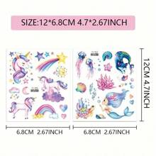 10pcs Flashing Mermaid & Cartoon Unicorn Temporary Tattoo Sticker, Waterproof Design Featuring Rainbow, Butterfly, Mermaid, Ocean, Starfish, Coral, Turtle, Dinosaur & Animal Pattern, Lasting 2-5 Days - Space Series - View 3