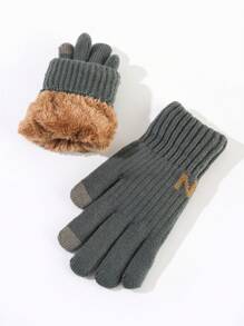 1pair Men's Winter Double Layer Thick Touch Screen Gloves + 1pair Knitted Thermal Lined Full Finger Gloves, Ideal For Running, Driving, Cycling, Party, Hiking, Typing, Gaming, Etc - Grey - View 1