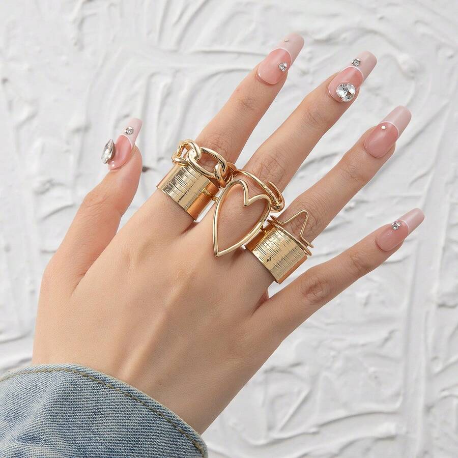 7pcs/Set Simple Hollow Out Heart Shaped Ring - Gold - View 1