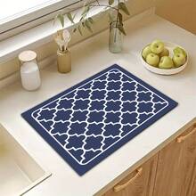 1pc Moroccan Pattern Dish Drying Mat, Multicolor Silicon Diatomaceous Earth Drain Mat, Kitchen Utensil Drying Mat, Suitable For Kitchen, Flowerpot, Bathroom Basin, Countertop, Cuttable, Quick Dry & Water Absorbent Mat - Blue - View 3