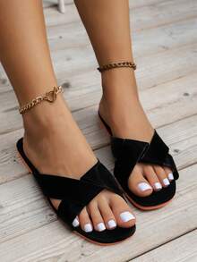 2023年新款夏季女士平底拖鞋,交叉帶軟底設計,適合戶外活動 - 黑色 - 查看 3