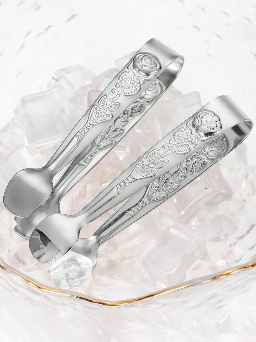 1 Kẹp đá bằng thép không gỉ có vỏ hoa hồng và viên đường, thích hợp cho lát chanh nhỏ và viên đá, mùa hè, bộ mùa hè, cho ngoài trời, cắm trại - Bạc - Xem 1