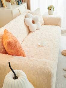 1件花卉沙發套,實色絨毛材質,彈性,一件式沙發套,ins風格,防塵,防刮擦,厚實保暖,適用於冬季 - 米色 - 查看 3