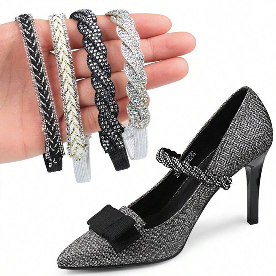 1 Pair - High Heels, Anti-Falling Elastic Shoelaces, Elastic Band Diamond Decoration, Non-Heel Fixed Shoelaces, Used For High Heels, Women's Shoes, Anti-Loosening Straps - Black with diamonds - View 1