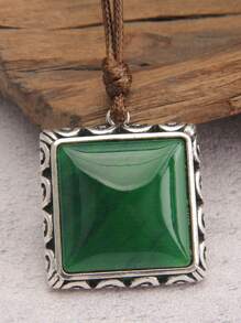 1條個性化時尚3d方形雕刻綠色亞克力男士項鍊,情侶項鍊,日常和約會配飾(石紋可能有所不同) - 方形雕花 - 查看 1