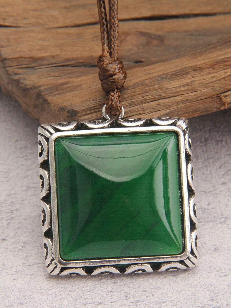 1條個性化時尚3d方形雕刻綠色亞克力男士項鍊,情侶項鍊,日常和約會配飾(石紋可能有所不同) - 方形雕花 - 查看 1