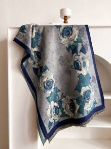 1pc Women's Thick Warm Scarf Autumn Winter Retro Oil Painting Floral Jacquard Shawl Suitable For Daily Wear - Blue - View 3