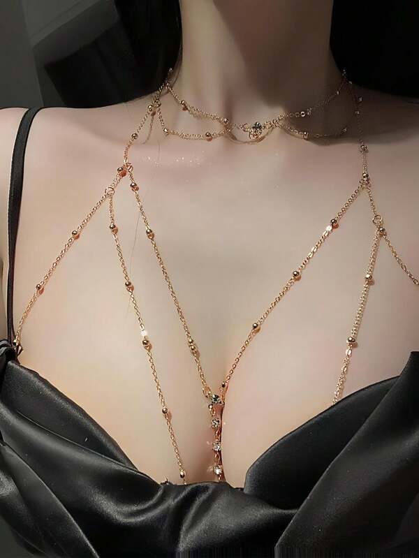 Fashionable Western Style Body Chain Necklace For Women, Bikini Bra Top Harness Backdrop Necklace With Lock And Key Pendant
