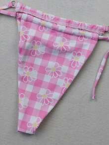 2pcs/Set Polyester Pink Check Print Triangle Bra With Strap And Bikini Set With Shorts Summer Beach - Baby Pink - View 2