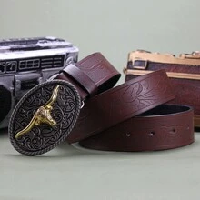 男女不限復古美式嘻哈潮流公牛設計牛皮皮帶 - 咖啡 - 查看 2