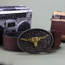 男女不限復古美式嘻哈潮流公牛設計牛皮皮帶 - 咖啡 - 查看 3