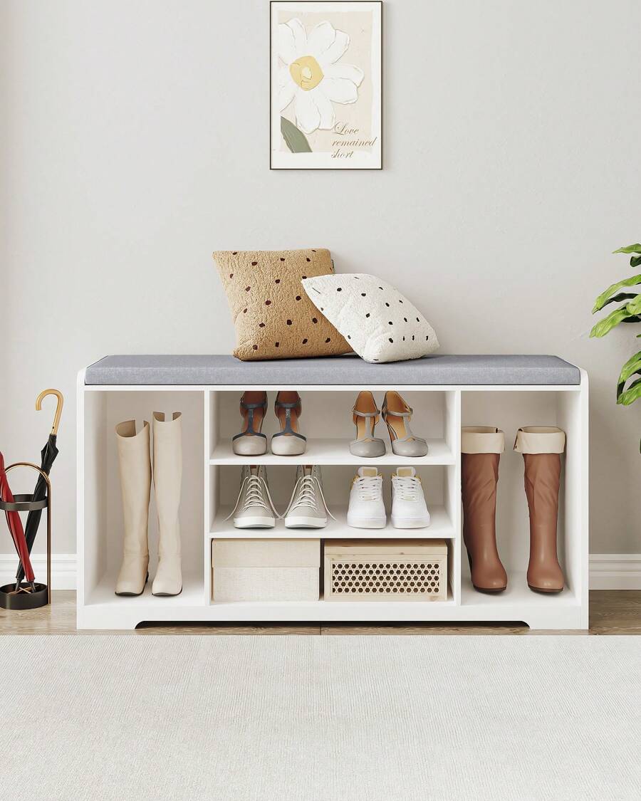 HaluPeit Shoe Bench, Shoe Storage With Seat Cushion And 9 Compartments, Adjustable 3-Tier Shoe Rack, For Entrance Area, Hallway, Living Room, Bedroom, 30 X 103 X 52.7 Cm, - 白色 - 查看 1