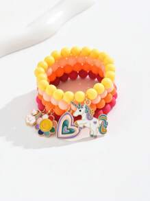 4入組可愛卡通簡約風珠子手鍊,心形、向日葵和獨角獸設計,適合女孩日常佩戴 - 彩色 - 查看 1