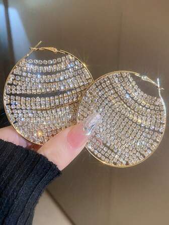 1pair Shiny Gold Tone Circle & Rhinestone Decor Earrings Suitable For Women's Weddings And Parties