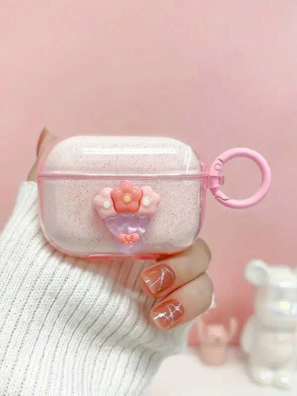 3 Colors Fresh Style Floral Print Earphone Case With Transparent