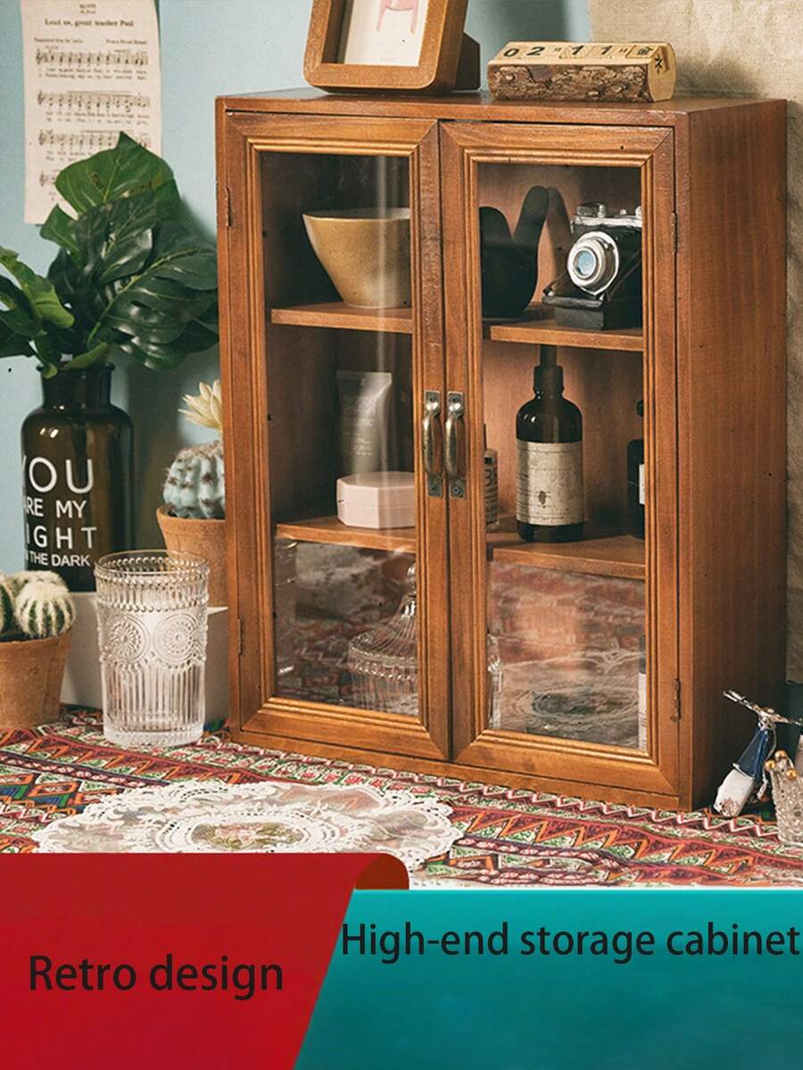 1pc Vintage Handmade Dustproof Storage Cabinet With Double Door And Multilayer Space For Hotel Home Decorative Tea Set Organizer, Wooden - Multicolor - View 1