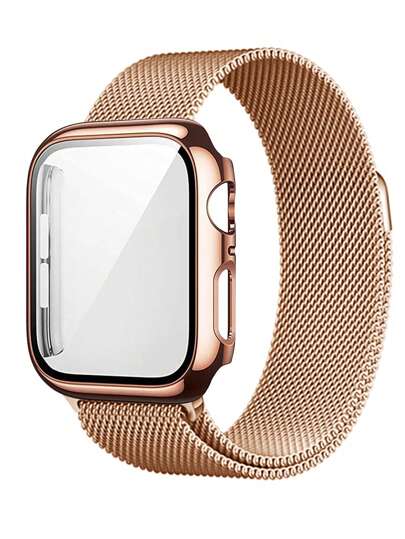 2 In 1 Compatible With Apple Watch Band + Case Men's And Women's Fashionable And Casual Soft And Breathable Stainless Steel Wire Braided Loop Magnetic Band And Anti-Drop And Scratch-Resistant PC And Tempered Glass Screen Film Integrated Case Compatible With Apple Watch 40/41/42/44/45/46/49MM Strap Case Compatible With Apple Watch Series Ultra/10/9/8/7/6/5/4/SE Milanese Style Strap And Simple Case Easy To Wear
