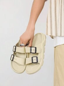 Men's Thick Sole Flat Non-Slip Adjustable Strap Slide Sandals - Beige - View 3