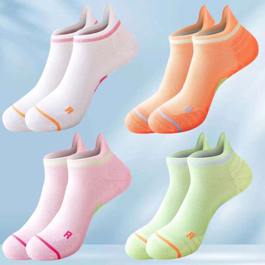 【4雙 白色、橘色、粉紅色、綠色】透氣、吸汗、快干、防滑、吸震運動襪,適用於戶外運動、健身、登山、籃球和休閒活動,男女適用 - 彩色 - 查看 1