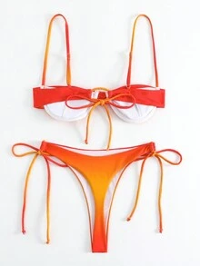 Conjunto de bikini de parte superior e inferior de unicolor, con diseño de empalme, sexy y de moda para vacaciones en la playa en verano, color rojo - Rojo - Ver 3