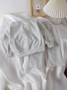 Baby Girls' Letter Printed Sweatshirt With Split Hem Flare Pants Set - Light Grey - View 8