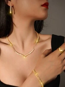 5 szt./zestaw Europa i Ameryka w kształcie V Cyrkonia Udekorowany Zestaw biżuterii Dla kobiet , Odpowiedni Na ślub , Urodziny , Festiwal , Codzienny Impreza - Srebro - Zobacz 3