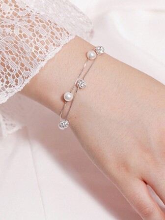 1pc Gorgeous Sparkling Double Layer Faux Pearl & Zirconia Ball Decor Women's S925 Sterling Silver Bracelet
