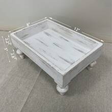 hanyial Wooden Riser Decorative Tray: Farmhouse Wood Pedestal Display Stand Rustic Whitewashed Tray Riser Centerpiece For Coffee Bar Kitchen Dining Room Home Table Decor, Short & Tall Footed - White - View 5