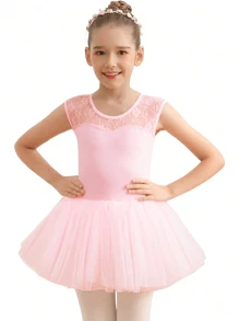 Young Girl Ballet Leotard With Water Drop Mesh Lace Patchwork - Baby Pink - View 3