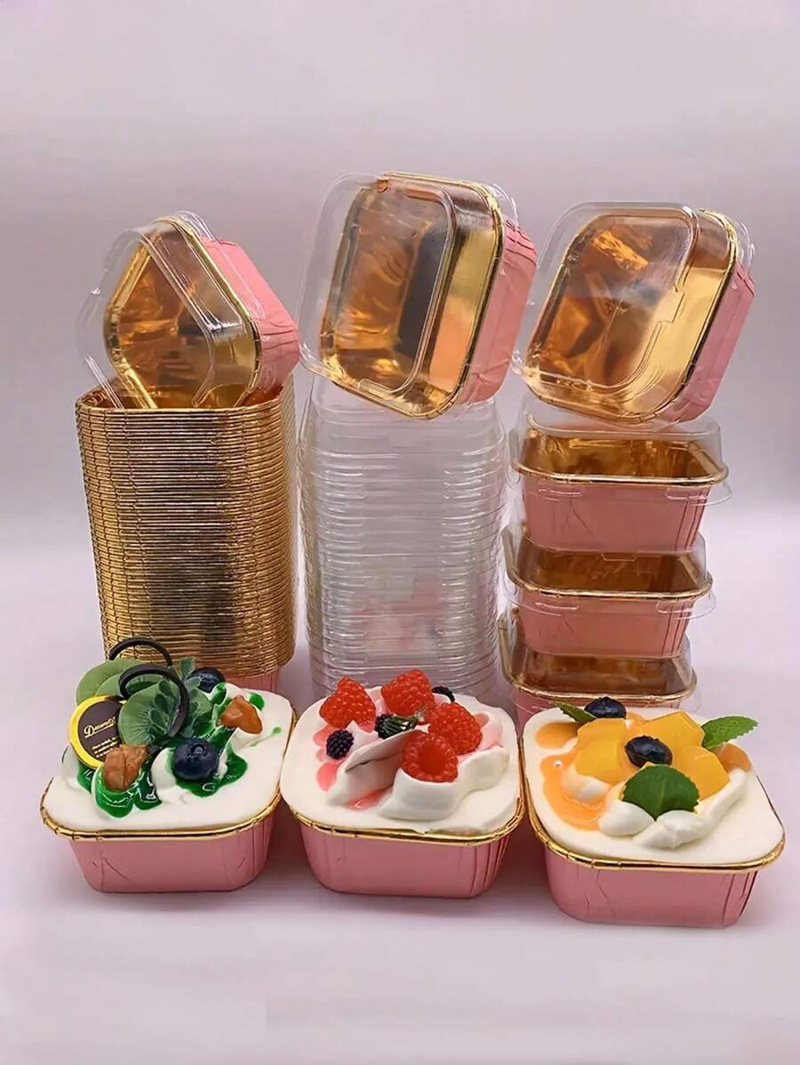 50/25pcs Greaseproof Paper Cup, Square Shaped With Rolled Edge, Heat Resistant And Leak Proof, Ideal For Baking, Catering And Party Desserts. Best For Christmas And Cakes. - Pink - View 1