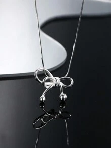 1 件 S925 纯银项链，银色不对称蝴蝶结吊坠，适合女性日常佩戴，可作为送给朋友和女朋友的礼物 - 銀色 - 查看 1