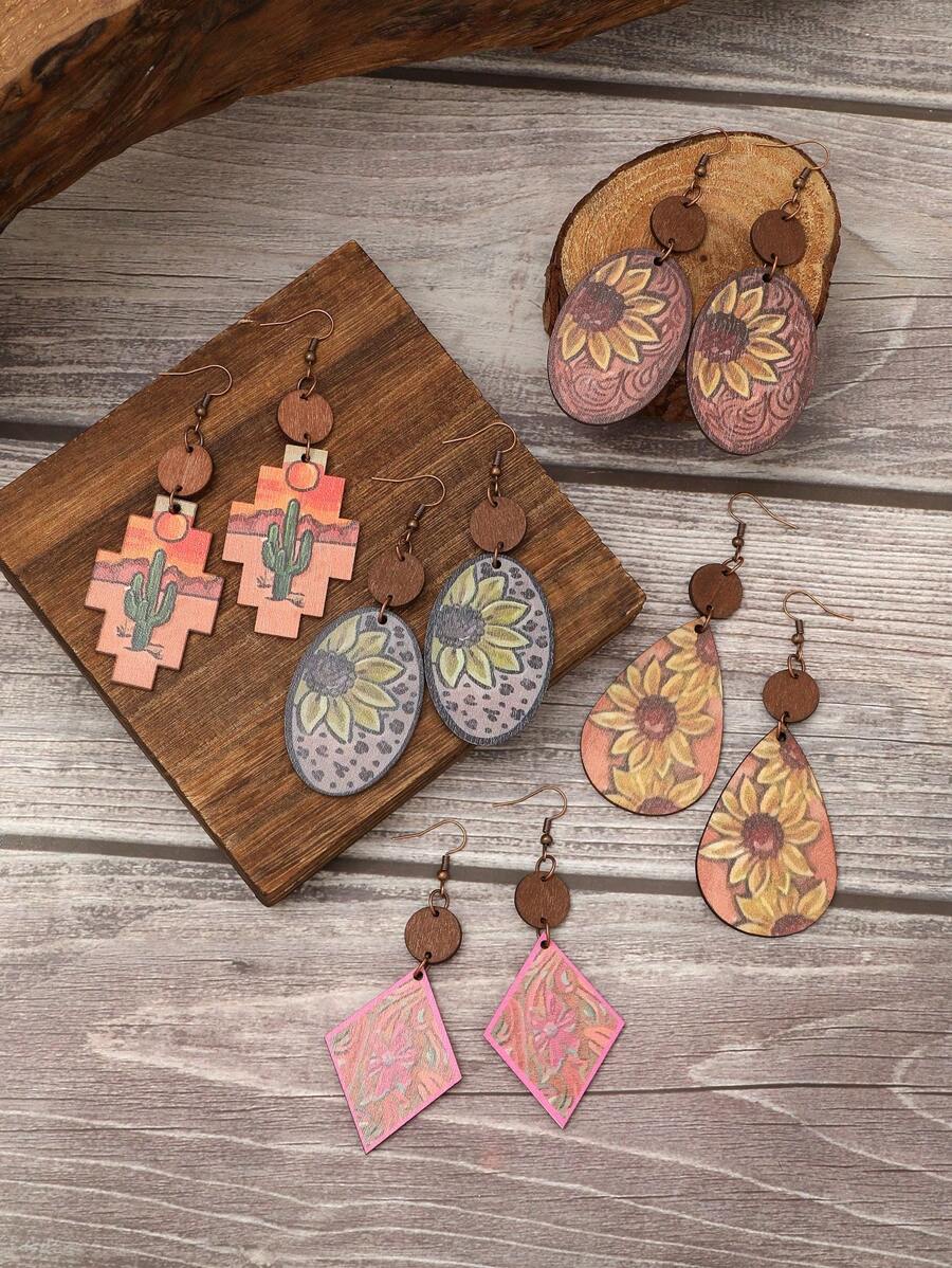 1pair Western Style Wooden Sunflower & Cactus Dangle Earrings For Women - Multicolor - View 1