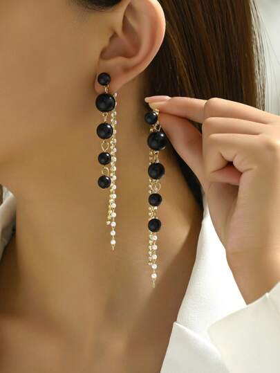 1 Pair Of French Retro Simple Faux Pearls And Rhinestone Long Tassel Earrings, Feminine Earrings And Earrings, Party Gifts