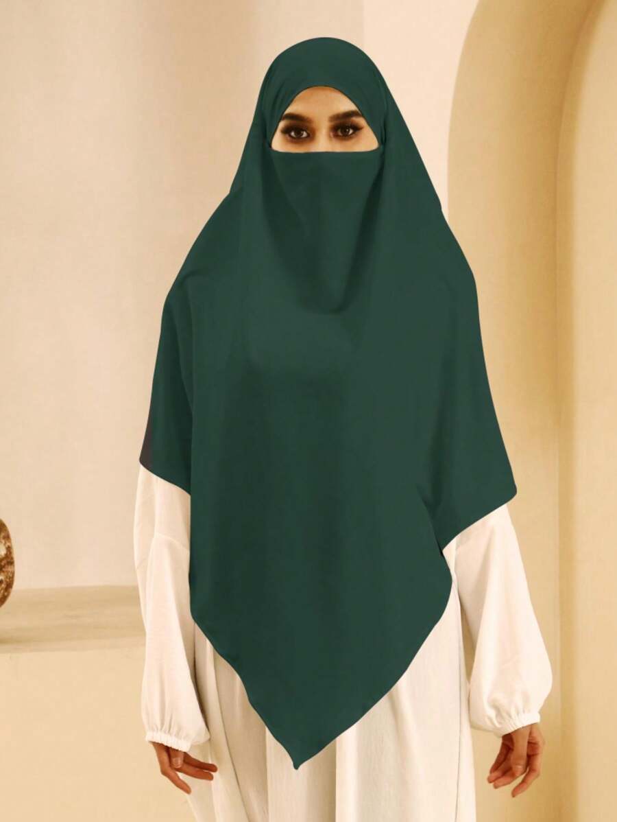 1 chiếc khăn trùm đầu thoải mái một lớp màu trơn dành cho nữ, vải Nida - Khăn trùm đầu Hijab dùng một lần - Màu xanh lá cây đậm - Xem 1