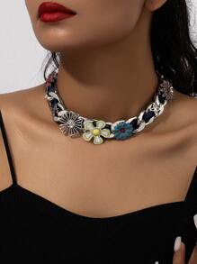 1pc Vintage Titanium Steel Necklace With Ribbon And Flower Decor Design For Women, Suitable For Daily Wear Valentines
