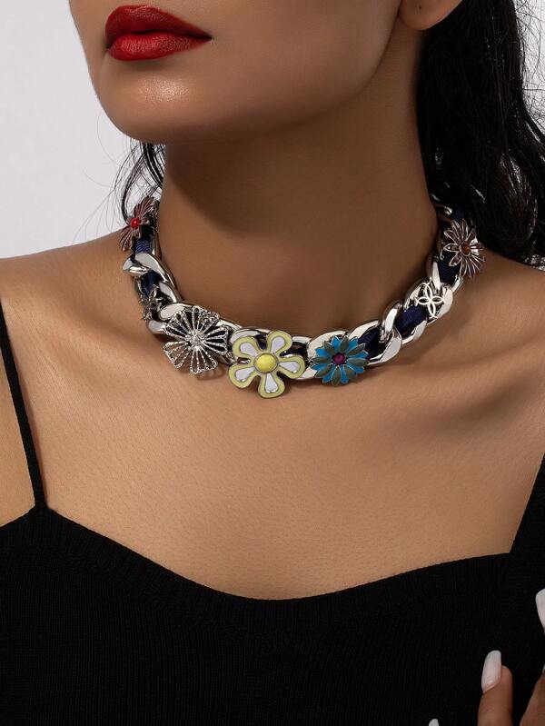 1 pièce Collier en acier de titane vintage avec ruban et décoration florale, convient pour un port quotidien, pour la Saint-Valentin
