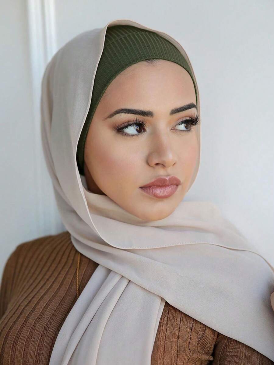 1入女士純色肋紋頭巾帽,可作為頭巾或帽子使用 - 軍綠色 - 查看 1