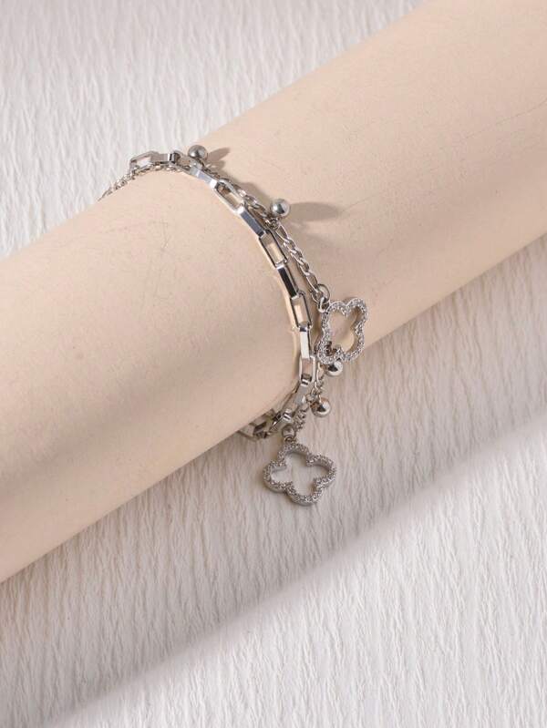 1pc Titanium Steel Double Layered Hollow Out Clover Pendant Fashion Bracelet For Women, Festive Gift Valentines