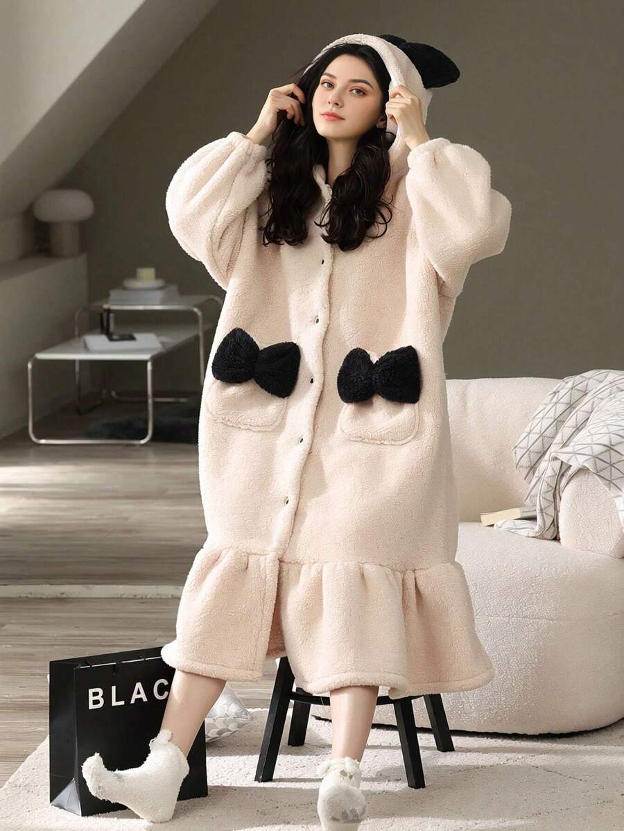 1 Pieza Ropa De Dormir Con Capucha Y Forrada De Vellón Para Mujeres, Bata De Casa Linda Para Otoño E Invierno - Beis - Ver 1