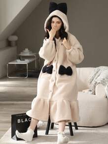 1 Pieza Ropa De Dormir Con Capucha Y Forrada De Vellón Para Mujeres, Bata De Casa Linda Para Otoño E Invierno - Beis - Ver 6